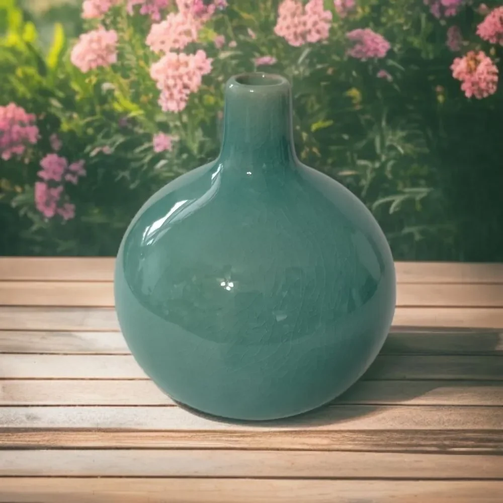 Crate & Barrel Bud Vase Perry Aqua Round Ball Ikebana Coastal‎ Beach House Farm.